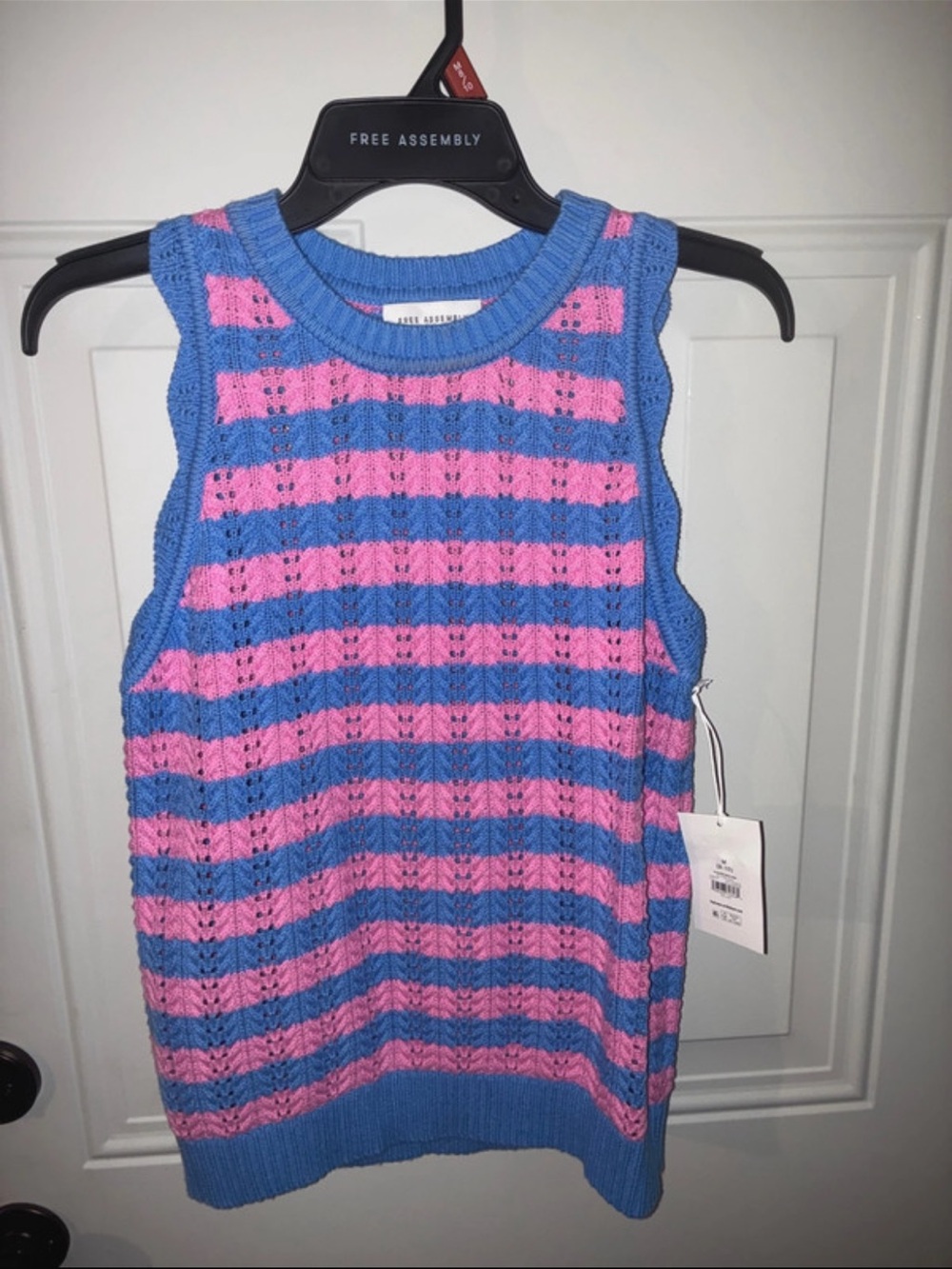 Free Assembly Blue & Pink Striped Sleeveless Crew Knit Top
